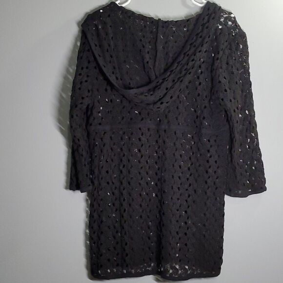 Soma sz L hooded hoodie black lace cover up shirt 3/4 sleeve cinch waist… - Picture 2 of 16